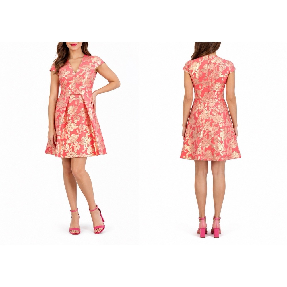 Vince Camuto Gold Pink Floral V-Neck Cap Sleeve Fit & Flare Jacquard 16